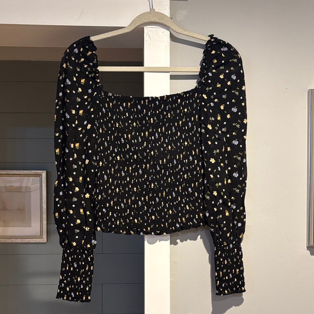 Reformation Pinto Smocked Floral-print‎ Woven Top In Navy